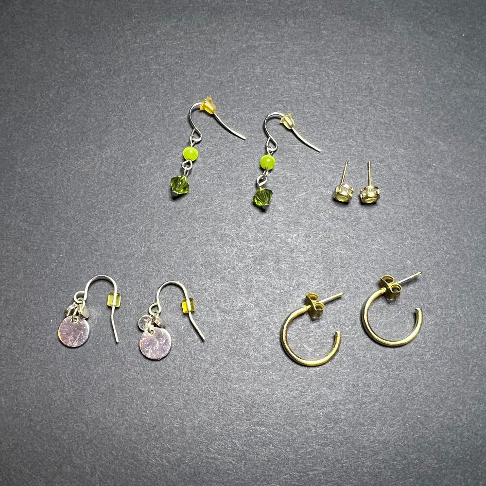 Lot of 4 Chic Green Dangle, Silver Tone Discs, Gold Tone Hoops, & Stud Earrings